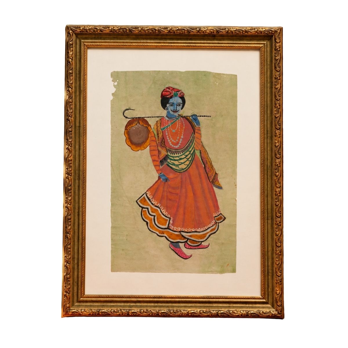Traditional Indian Miniature Painting of a Blue-Skinned Flute-Bearing Figure in Ornate Gold Frame