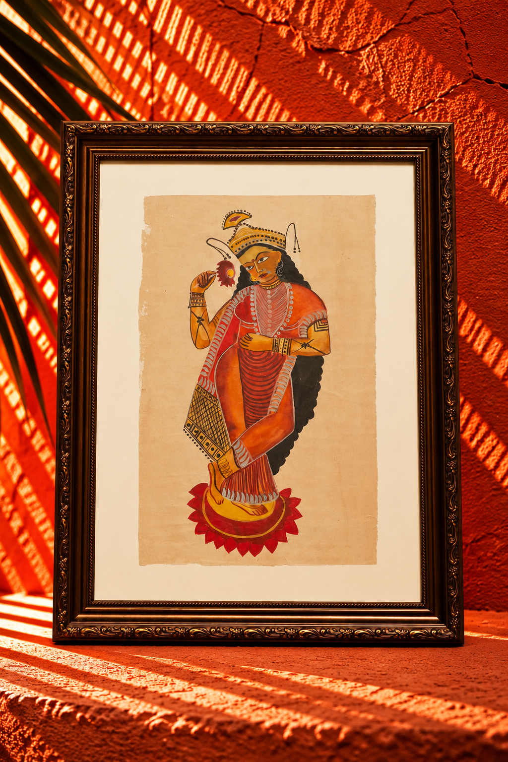 Traditional Indian Folk Painting of a Goddess on Lotus
