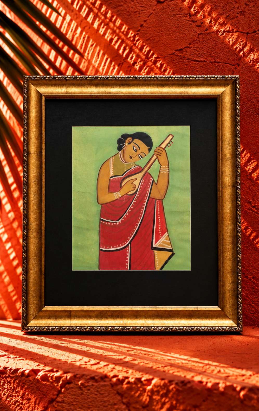 Traditional Indian Folk Painting of a Woman Playing a String Instrument