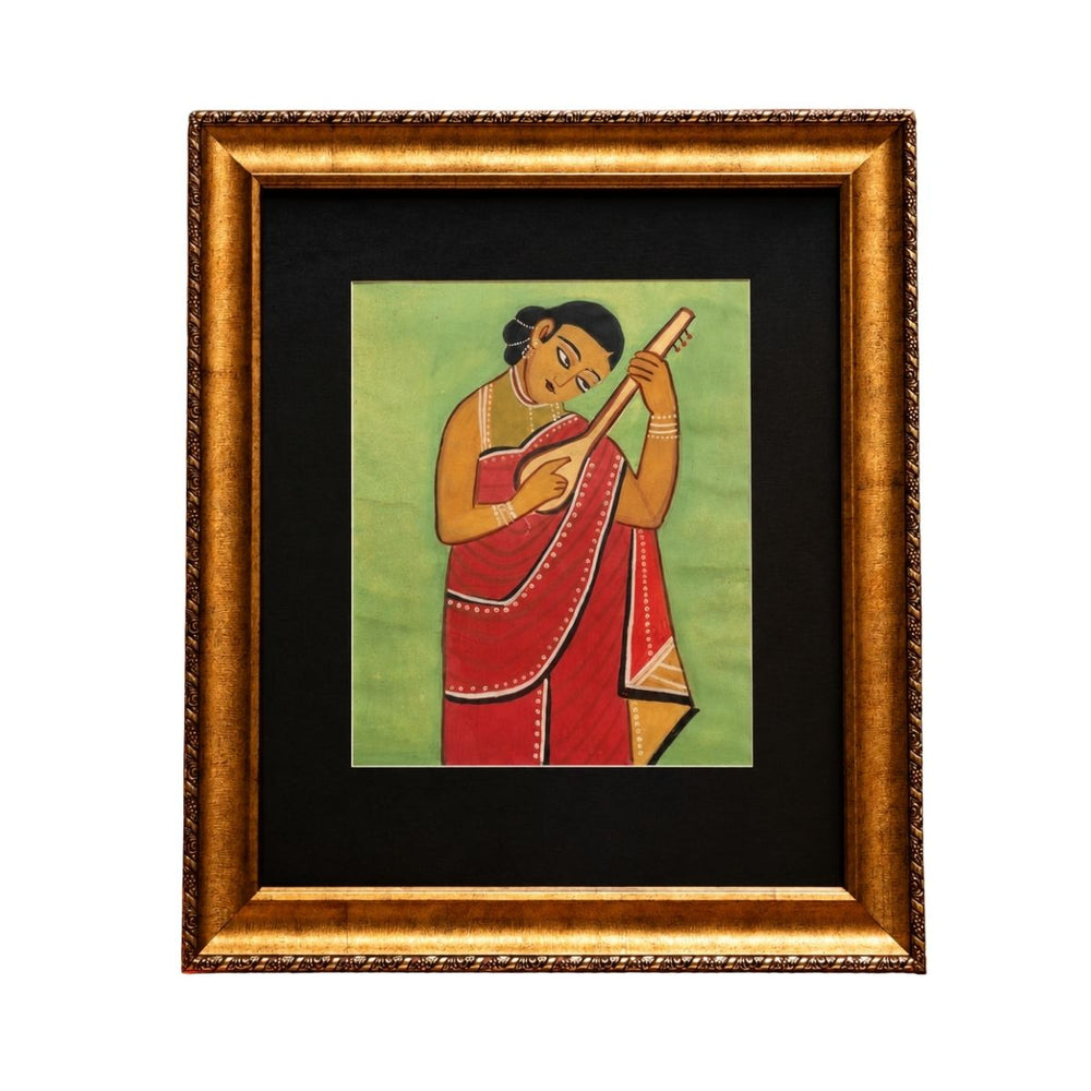 Traditional Indian Folk Painting of a Woman Playing a String Instrument