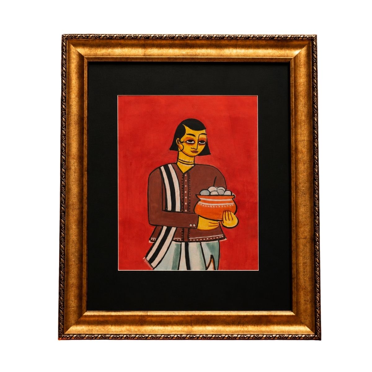 Traditional Indian Folk Painting of a Woman Carrying a Bowl of Sweets