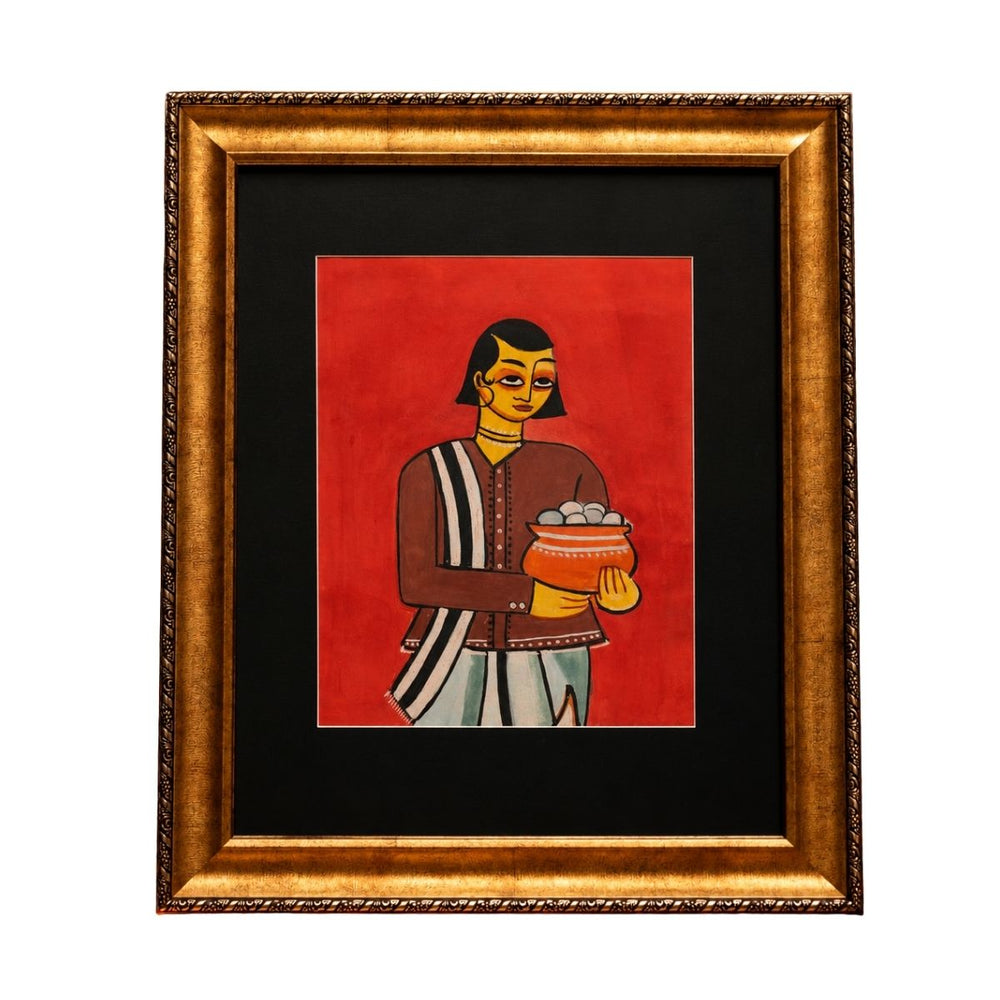 Traditional Indian Folk Painting of a Woman Carrying a Bowl of Sweets