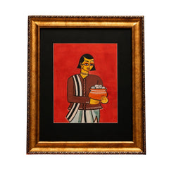 Traditional Indian Folk Painting of a Woman Carrying a Bowl of Sweets