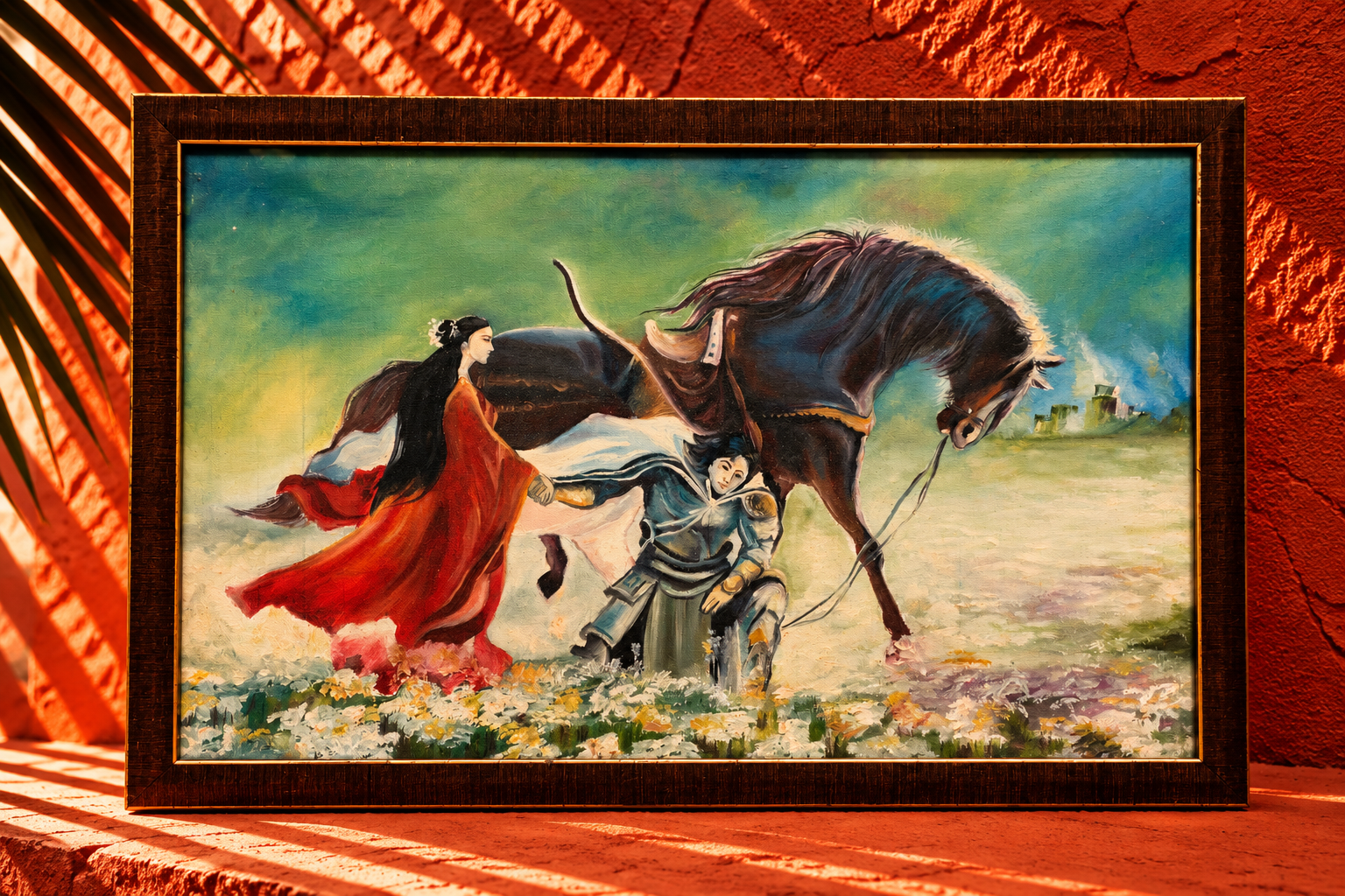 Romantic Fantasy Painting of a Woman, Horse and Armoured Rider