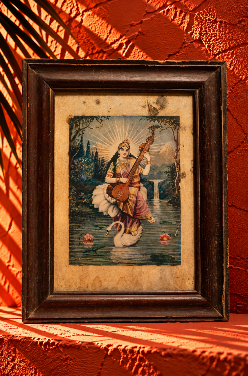Vintage Framed Saraswati with Veena – Traditional Indian Art Print
