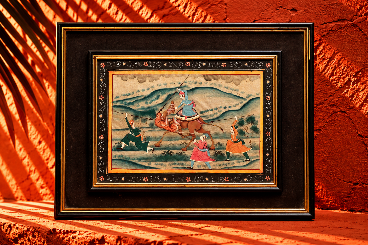 Vintage Indian Miniature Painting of a Royal Camel Rider in the Desert