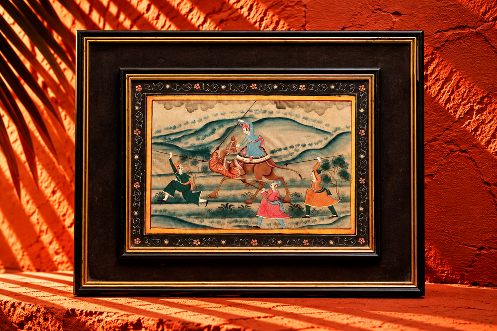 Vintage Indian Miniature Painting of a Royal Camel Rider in the Desert