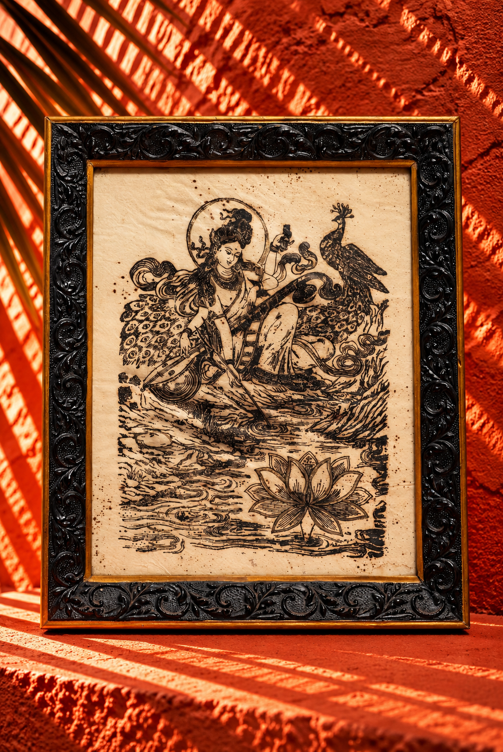 Vintage Indian Artwork of Goddess Saraswati with Peacock and Veena