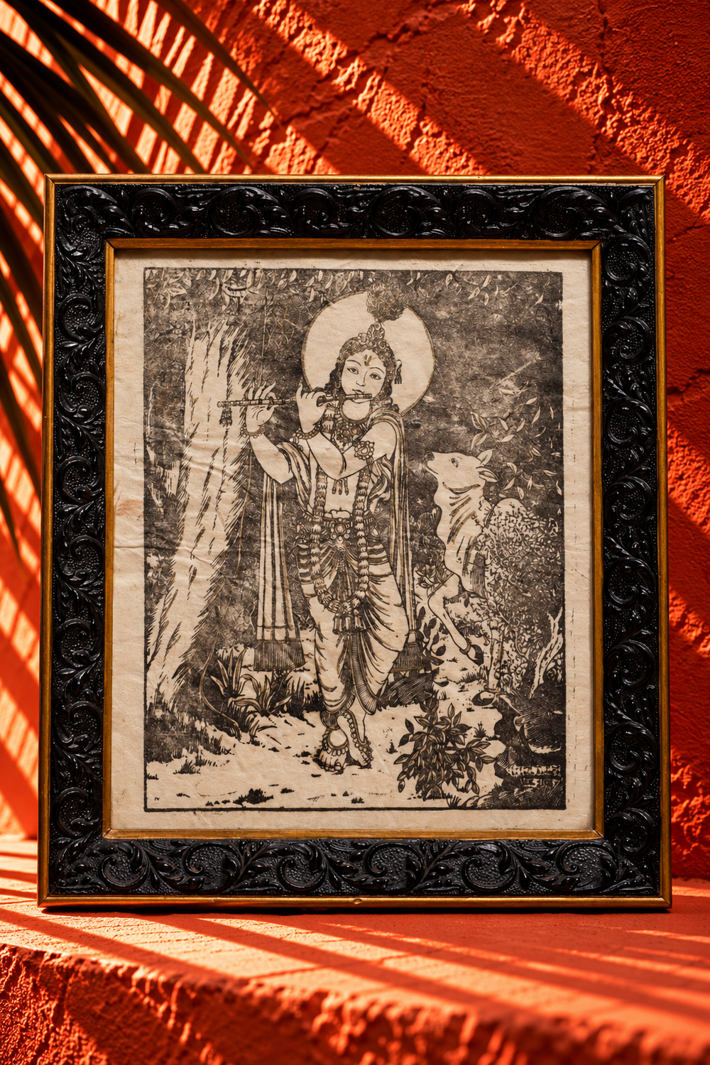 Traditional Krishna with Cow – Monochrome Folk Art Framed Artwork