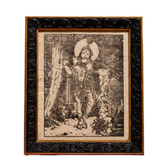 Traditional Krishna with Cow – Monochrome Folk Art Framed Artwork