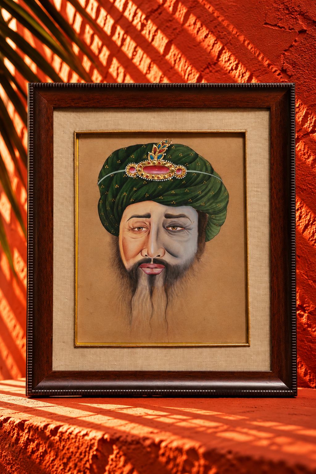 Traditional Portrait of a Nobleman in Jeweled Green Turban – Framed Artwork