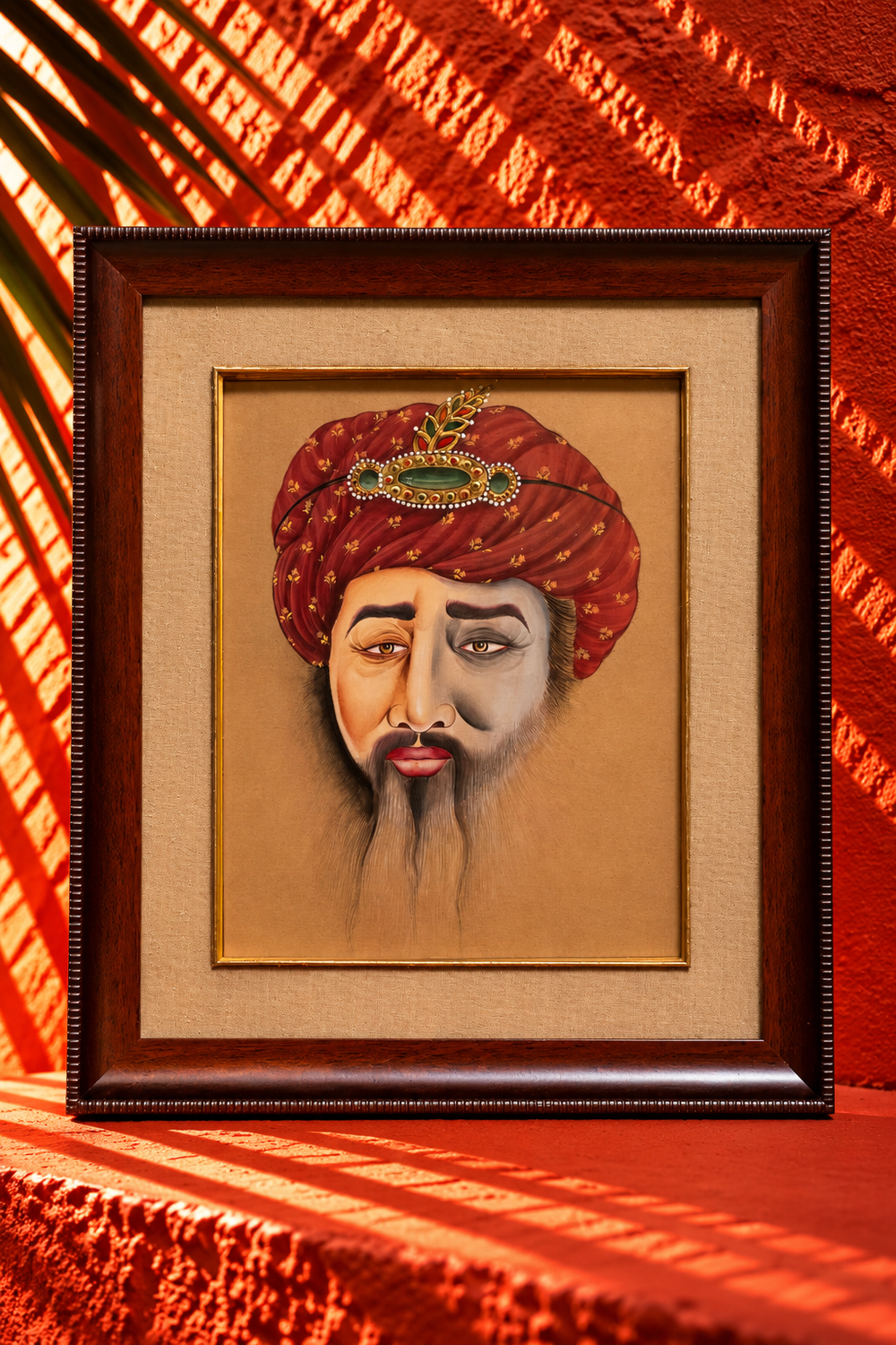 Traditional Portrait of a Nobleman in Ornate Maroon Turban – Framed Artwork