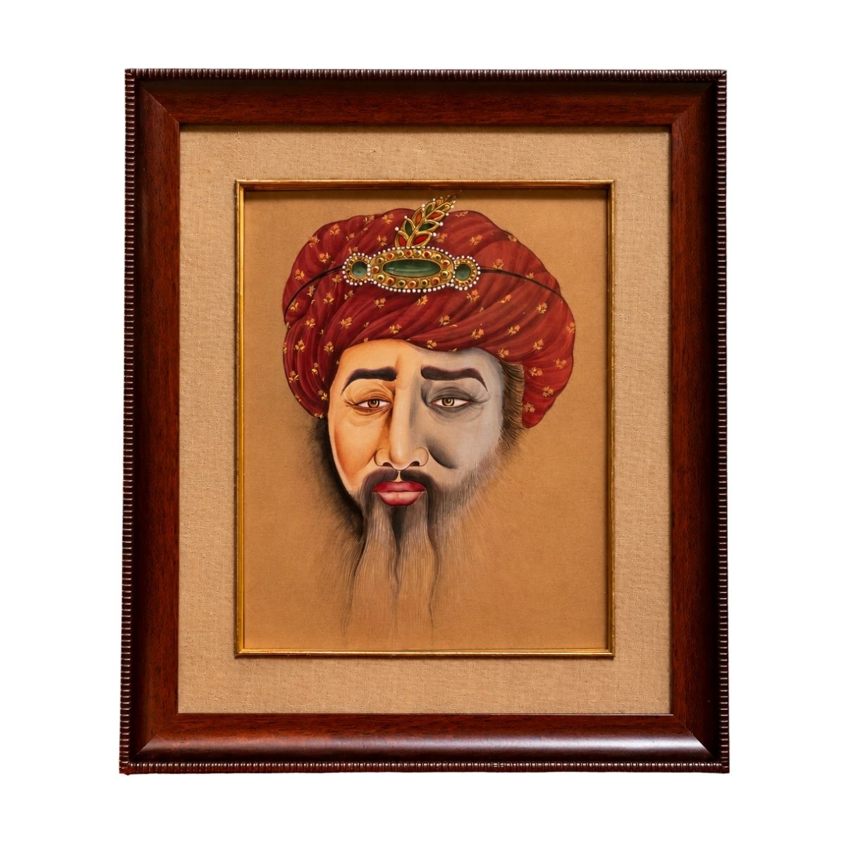Traditional Portrait of a Nobleman in Ornate Maroon Turban – Framed Artwork