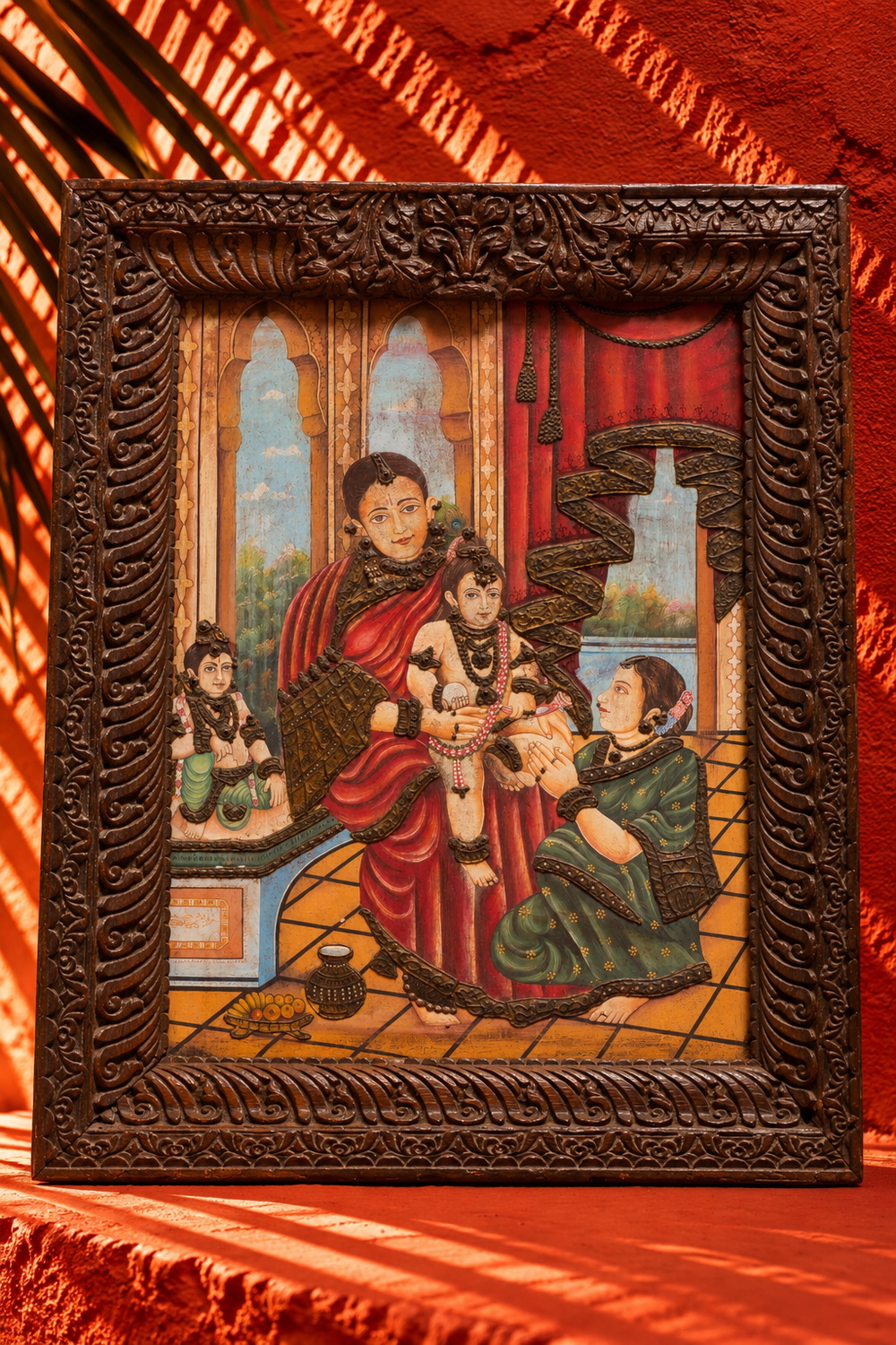 Traditional Indian Miniature Painting of Mother and Child in an Ornate Carved Frame