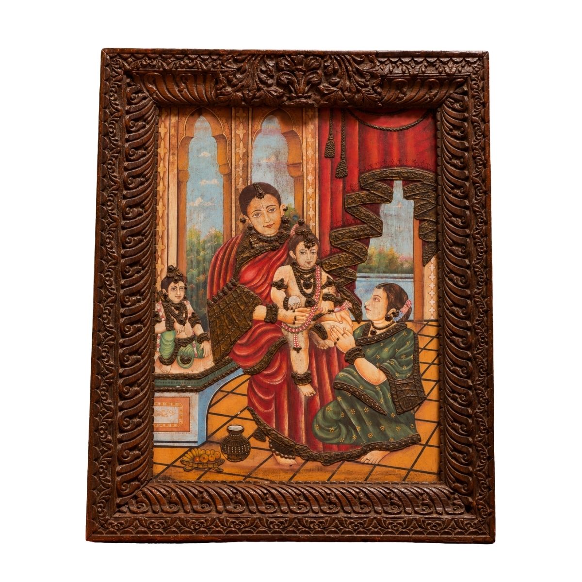 Traditional Indian Miniature Painting of Mother and Child in an Ornate Carved Frame