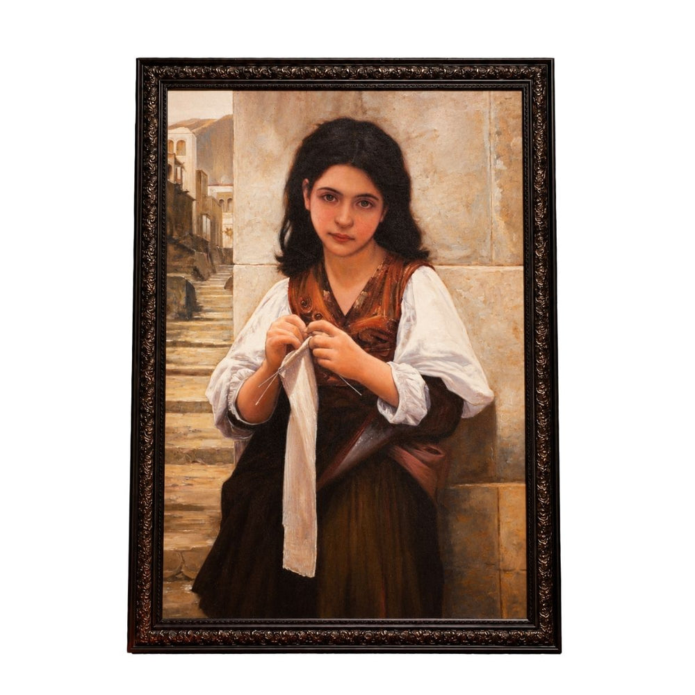 Classical Portrait of a Young Woman Knitting – Framed Fine Art Painting