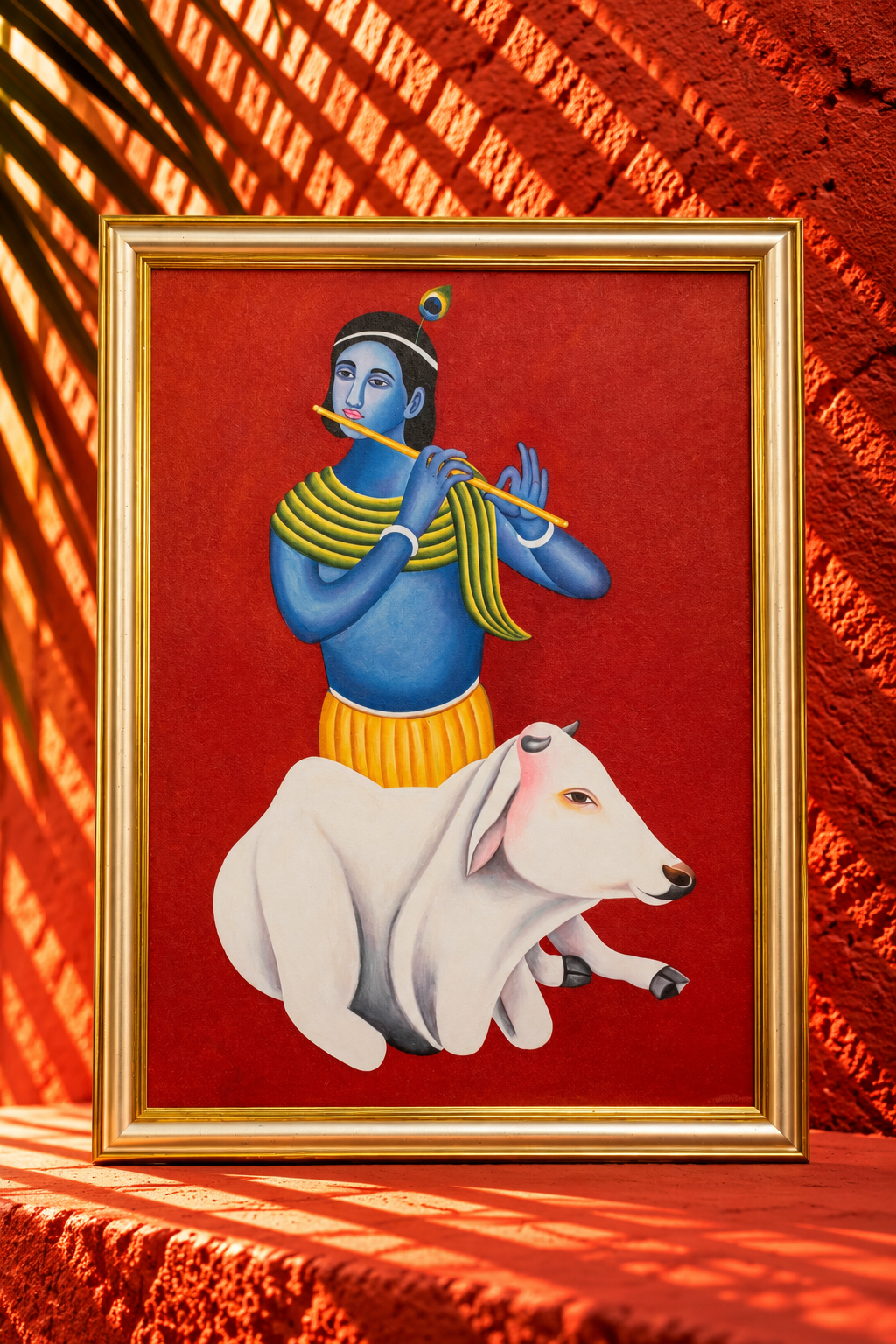 Lord Krishna with Flute and Sacred Cow – Traditional Indian Artwork