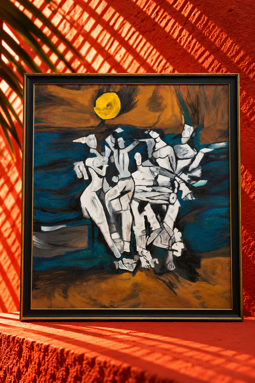 Abstract Moonlit Figures – Contemporary Figurative Framed Painting