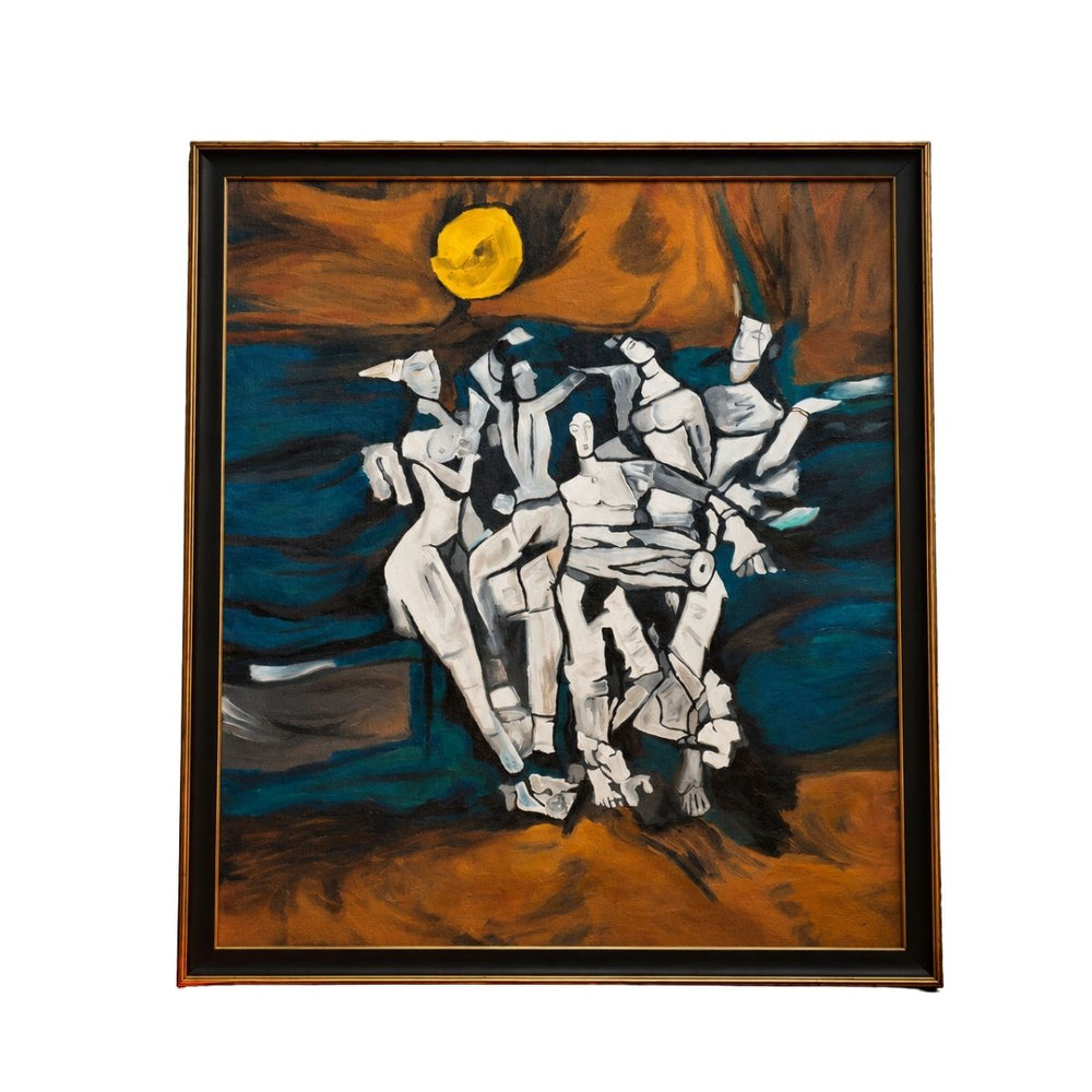 Abstract Moonlit Figures – Contemporary Figurative Framed Painting