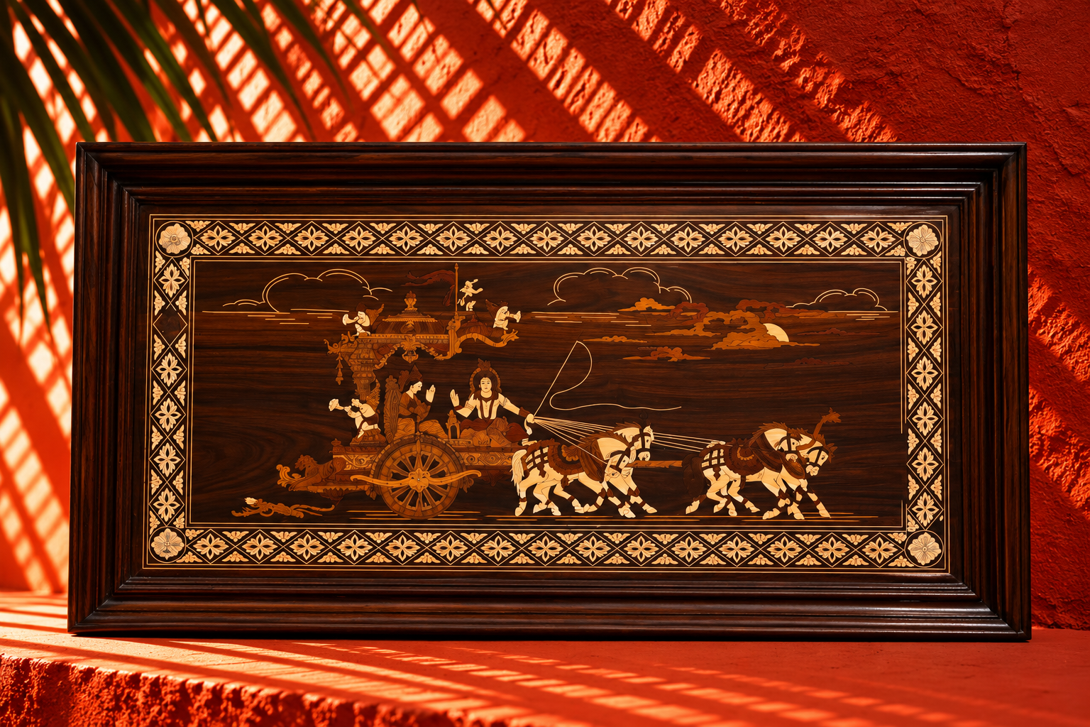Traditional Indian Wooden Marquetry Panel – Chariot Scene
