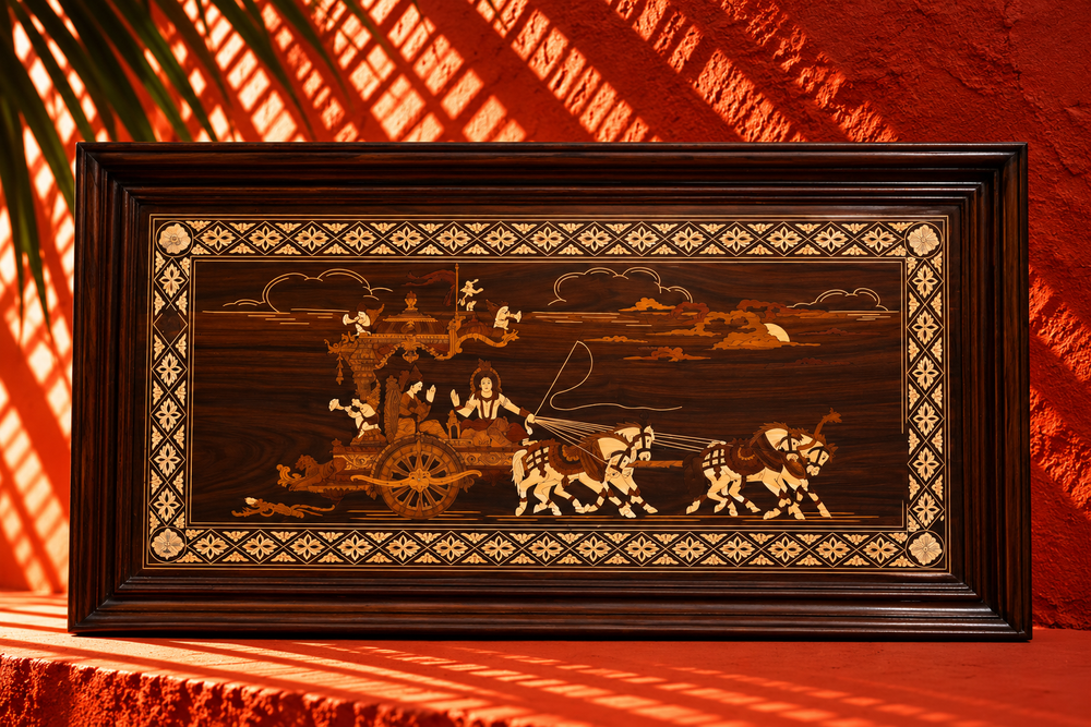 Traditional Indian Wooden Marquetry Panel – Chariot Scene