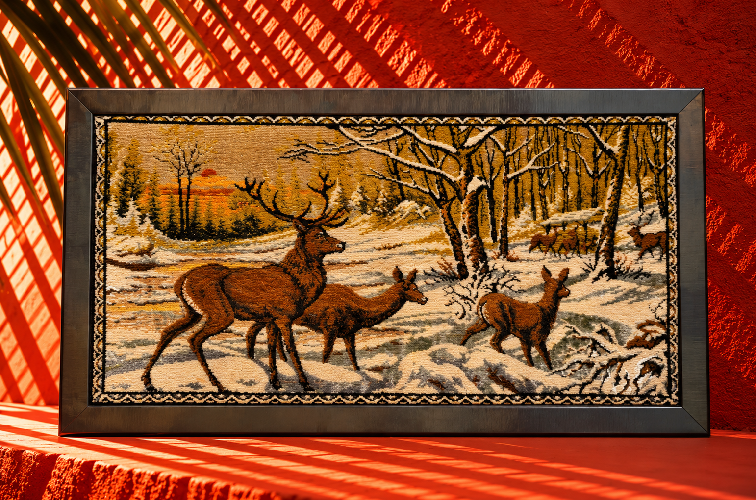 Framed Winter Forest Deer Tapestry Artwork