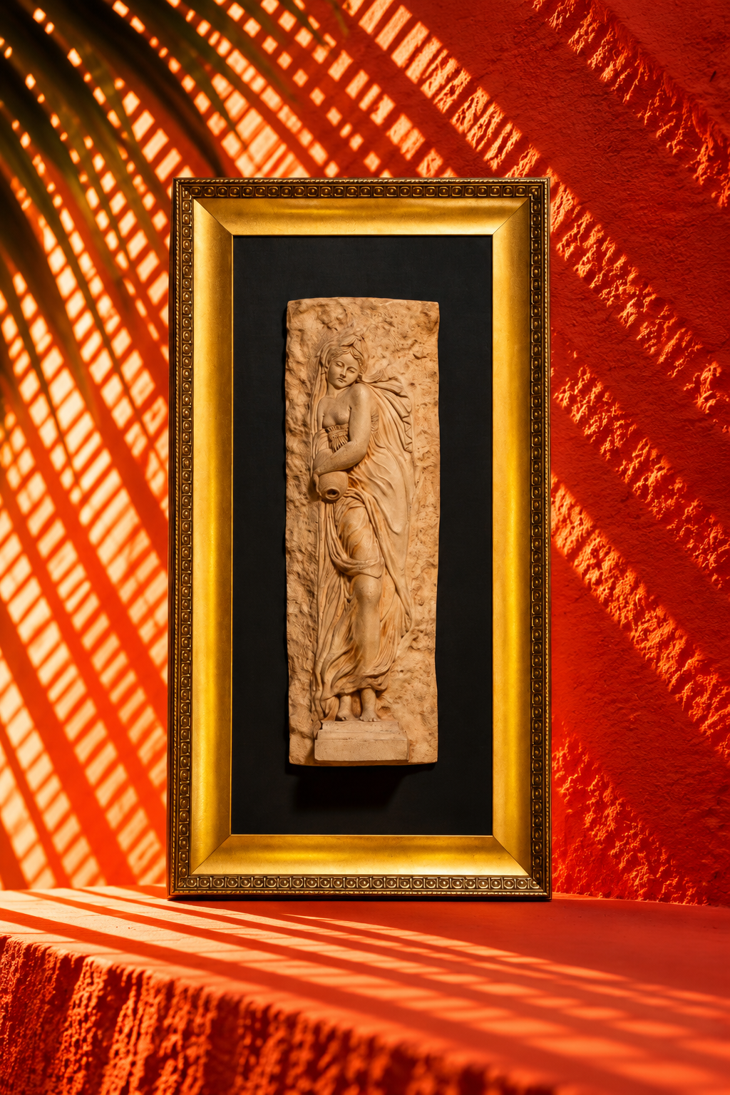 Classical Woman with Urn Stone Relief in Ornate Gold Frame