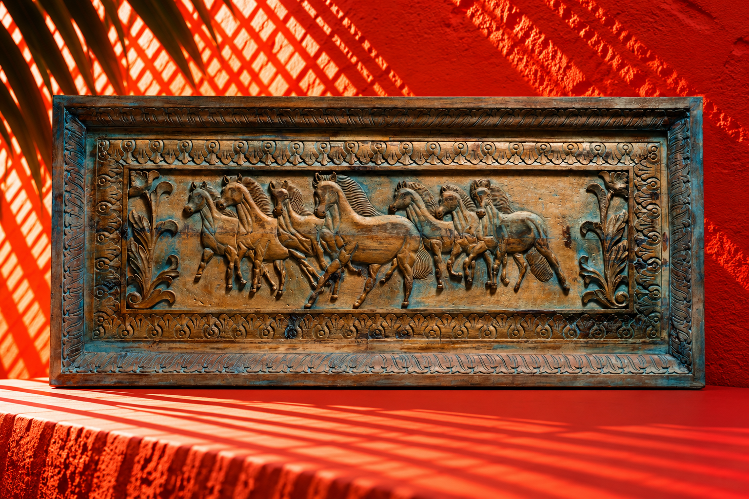 Hand-Carved Horse Procession Relief Wall Panel