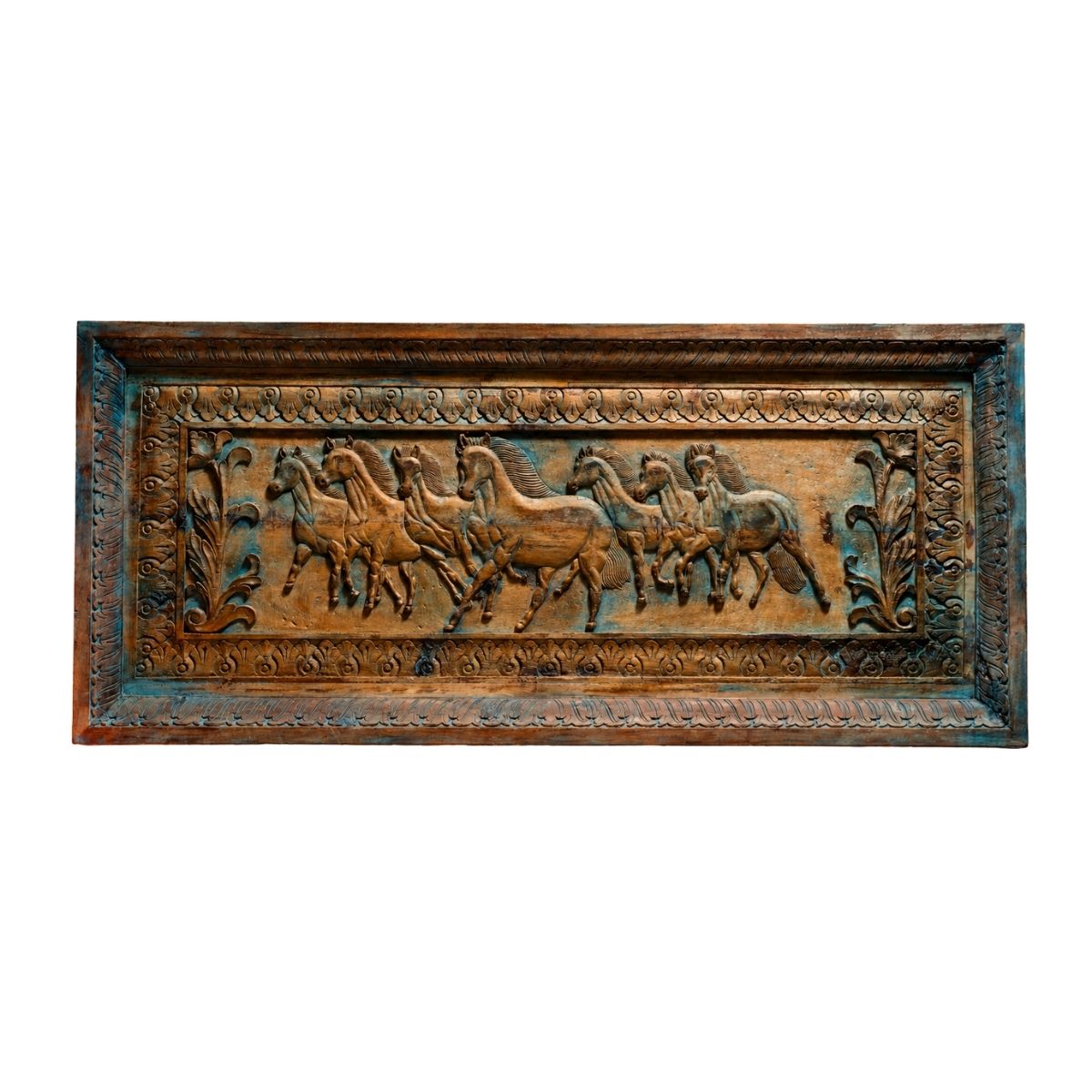 Hand-Carved Horse Procession Relief Wall Panel