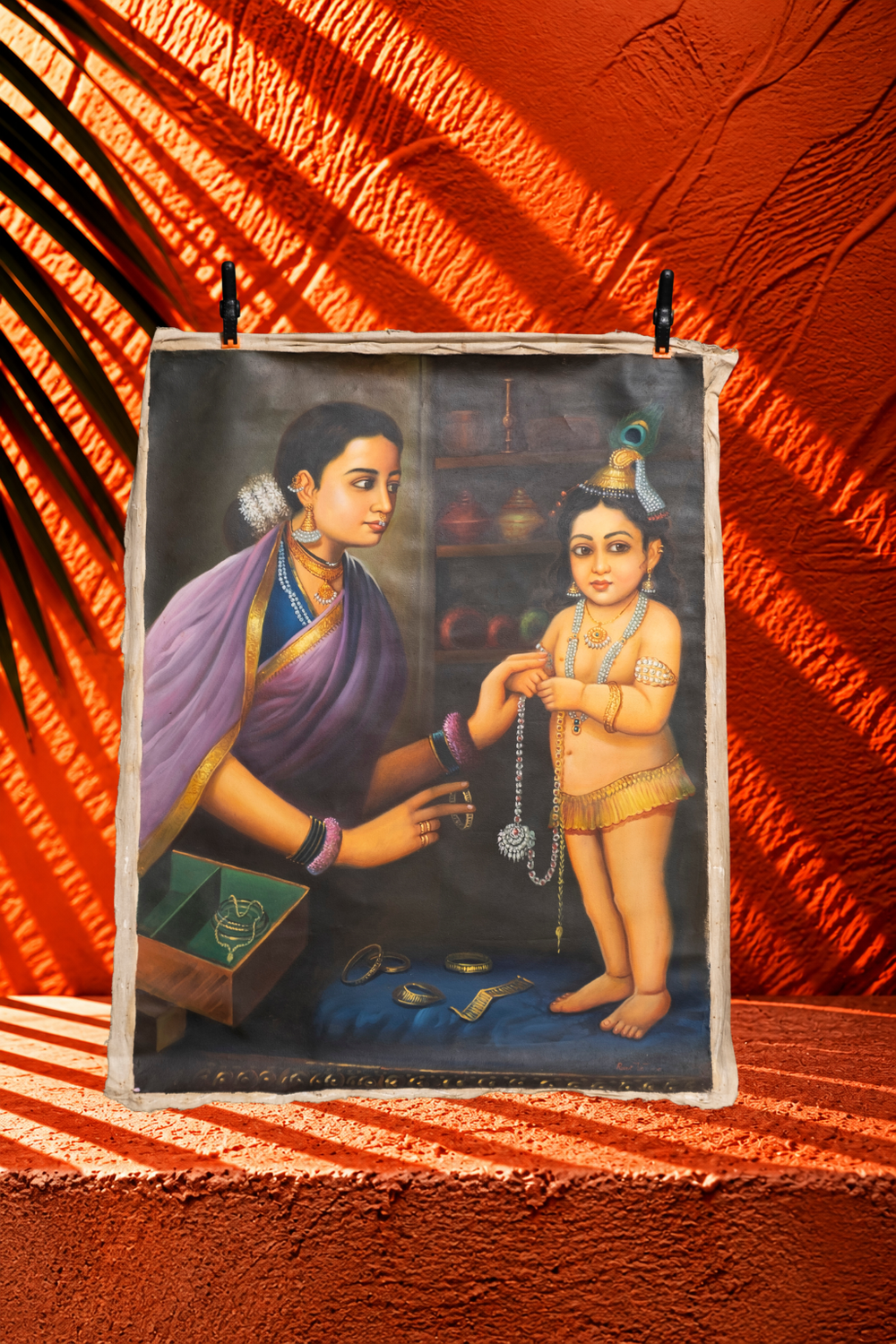 Traditional Indian Painting of a Woman Adorning Krishna