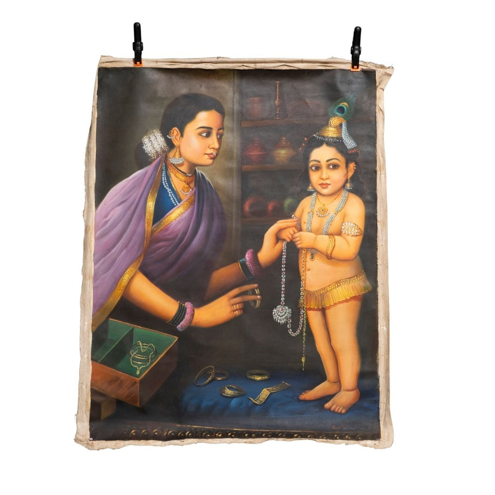 Traditional Indian Painting of a Woman Adorning Krishna