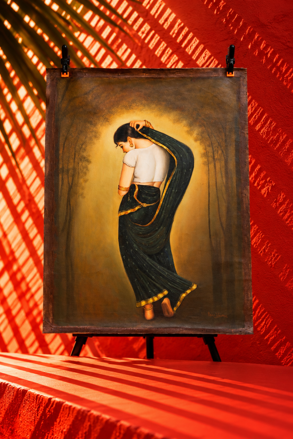 Elegant Woman in Black Sari – Traditional Indian Figurative Painting