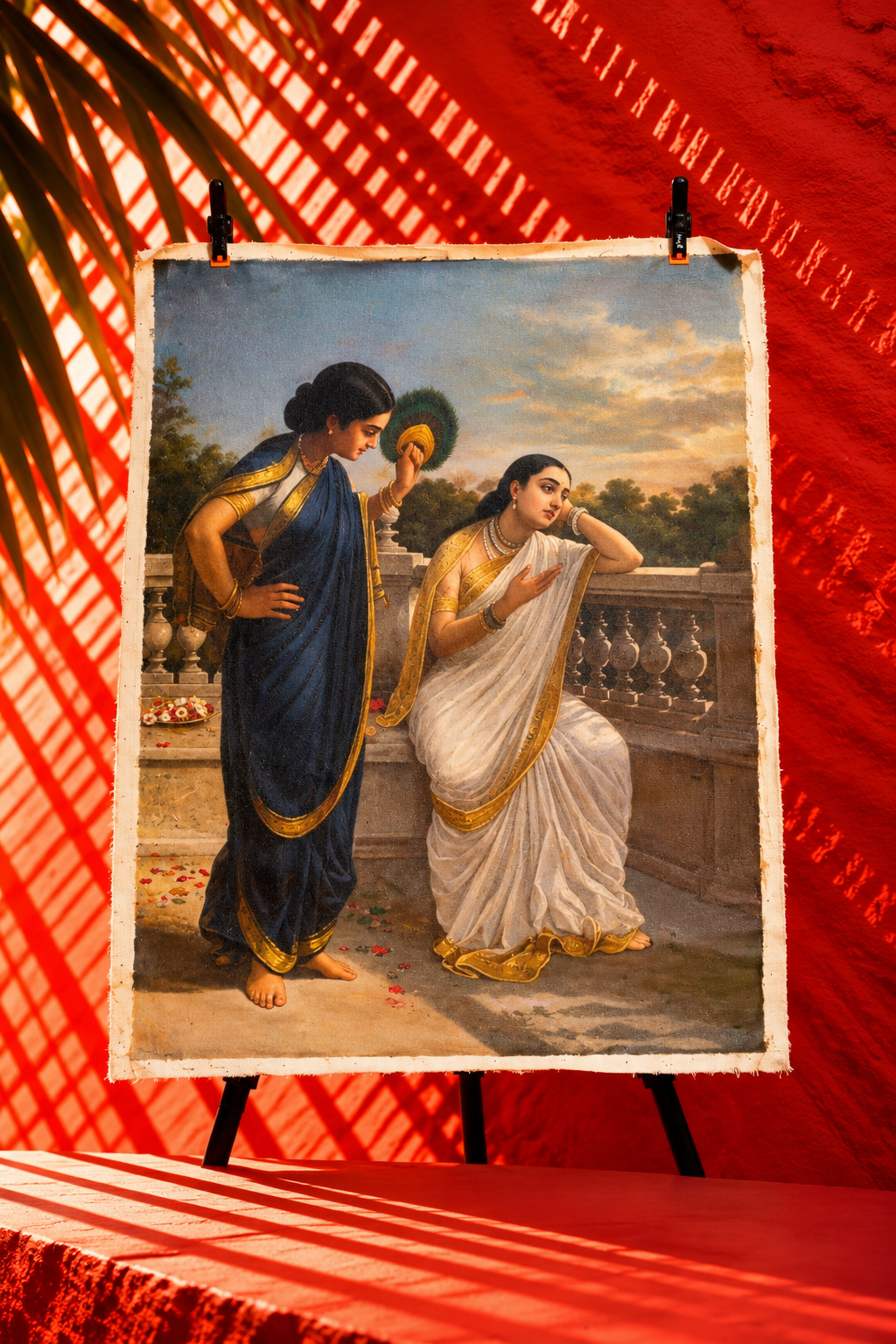 Vintage Indian Figurative Painting of Two Women on a Terrace