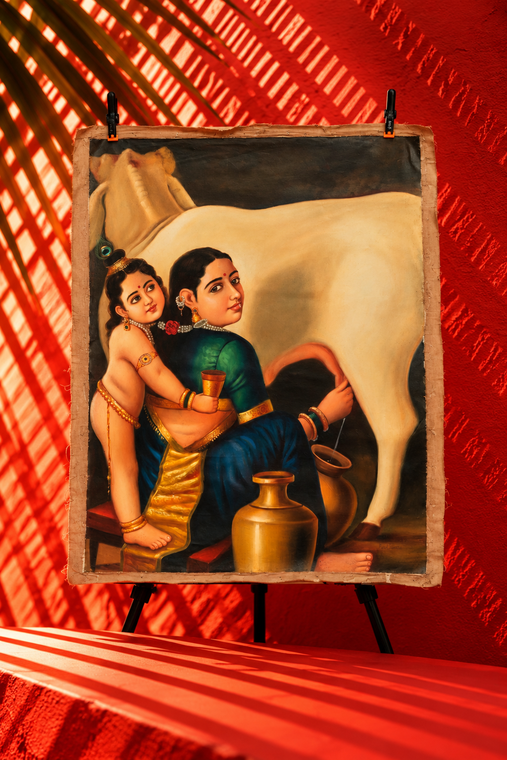 Traditional Indian Mother and Child with Sacred Cow – Vintage Figurative Artwork
