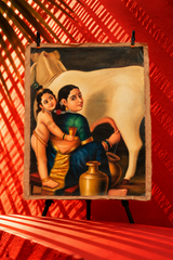 Traditional Indian Mother and Child with Sacred Cow – Vintage Figurative Artwork