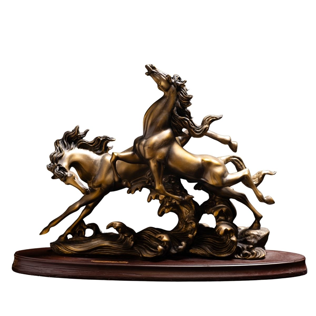 Antique Bronze Galloping Horses Sculpture on Wooden Base