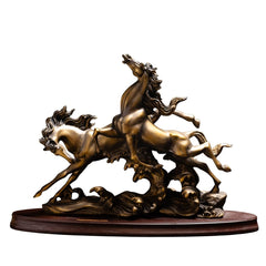 Antique Bronze Galloping Horses Sculpture on Wooden Base