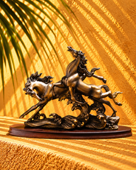 Antique Bronze Galloping Horses Sculpture on Wooden Base