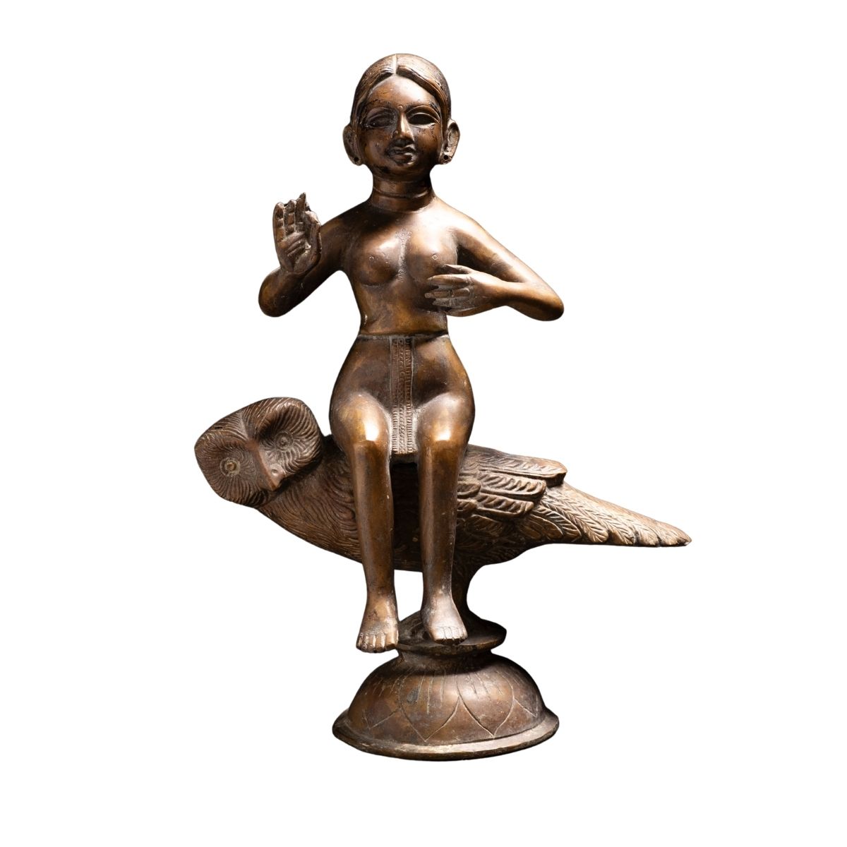Antique Bronze Figurine of a Seated Deity on an Owl Pedestal