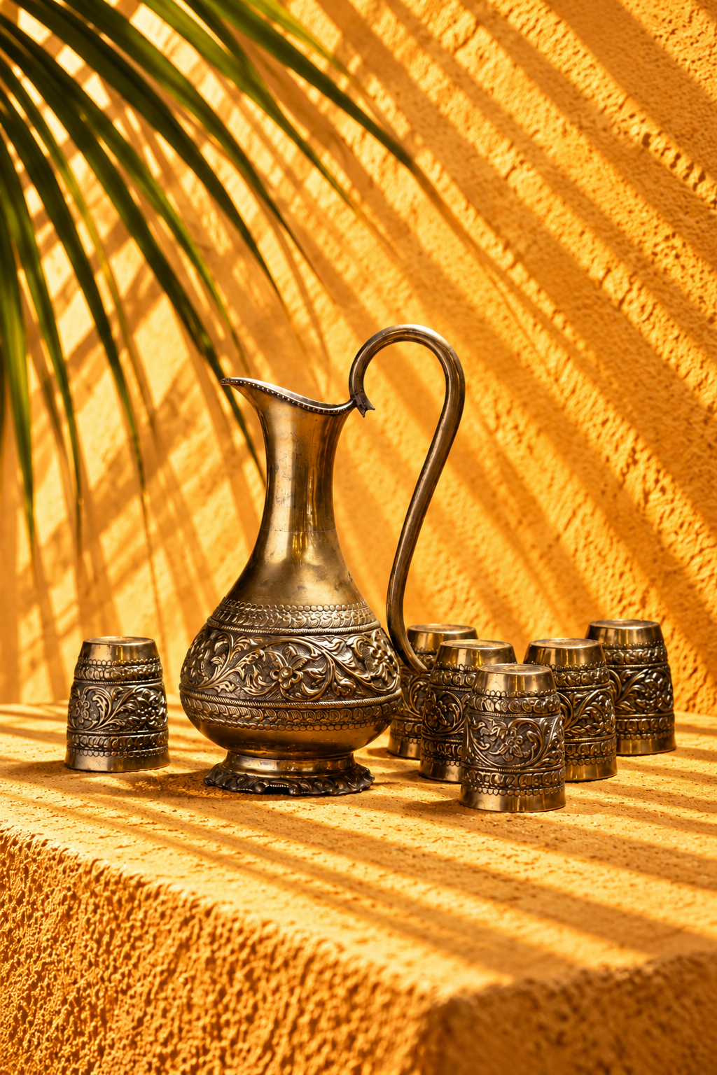 Antique Brass Pitcher and Six Ornately Engraved Cups Set