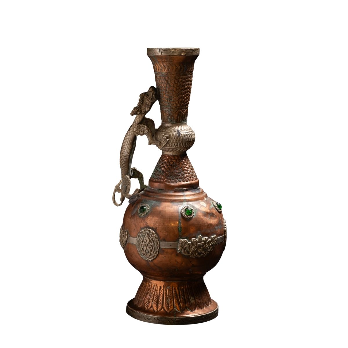 Antique Copper Ewer with Dragon Handle and Green Stone Accents