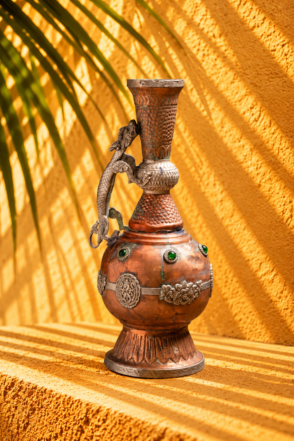Antique Copper Ewer with Dragon Handle and Green Stone Accents
