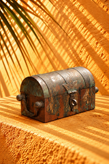 Antique Engraved Metal Treasure Chest with Domed Lid