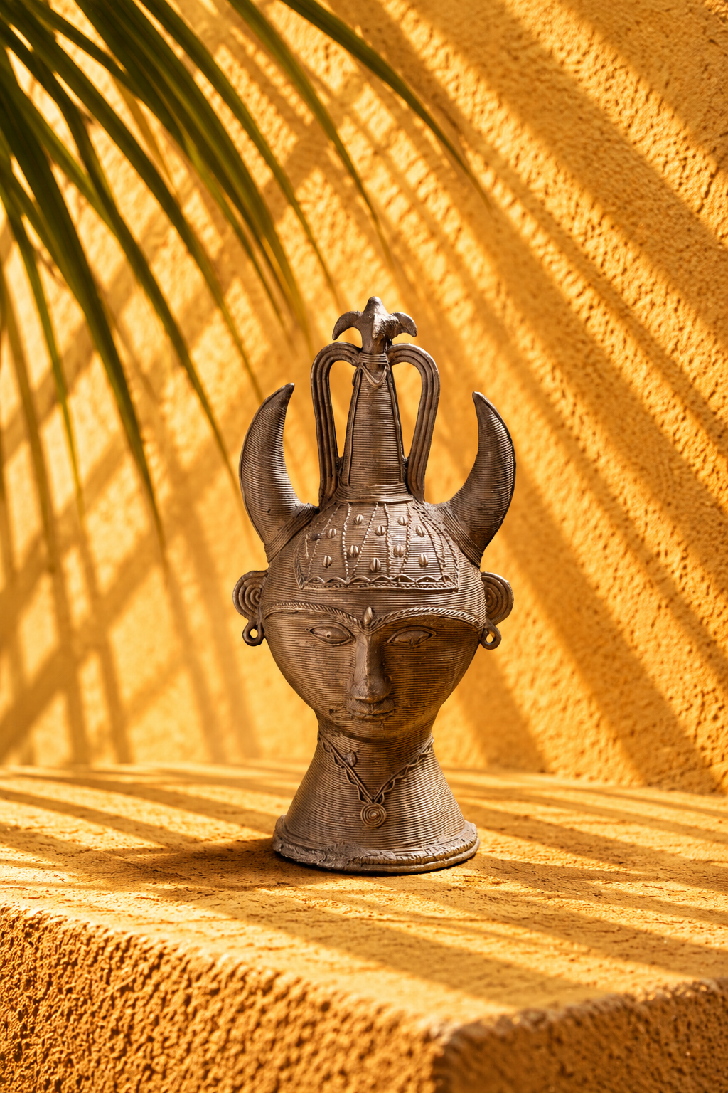 Vintage Tribal Bronze Bust with Ornate Horned Headdress