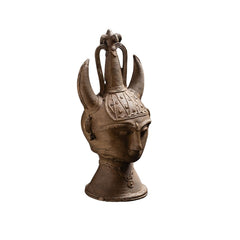 Vintage Tribal Bronze Bust with Ornate Horned Headdress