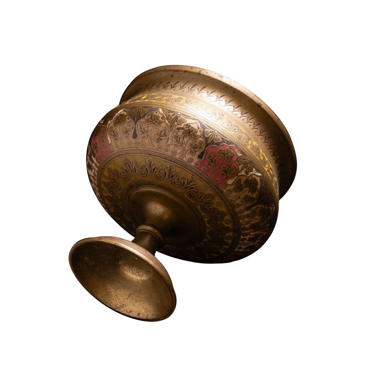 Vintage Brass Pedestal Bowl with Ornate Engraving and Metal Grate