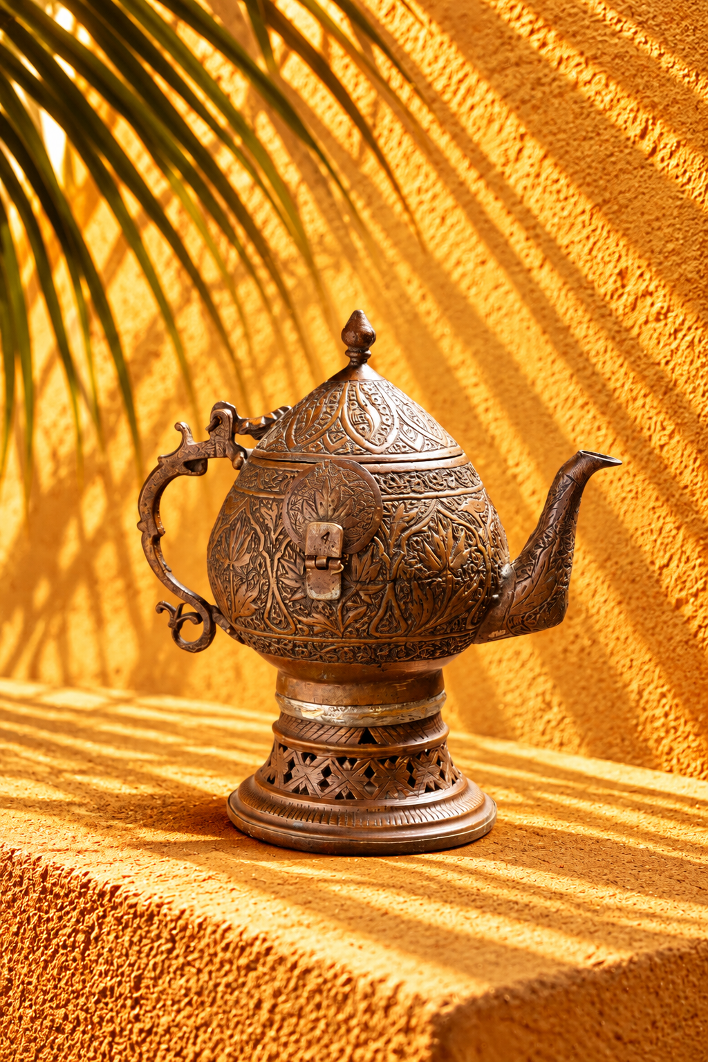 Antique Ornate Brass Ewer with Engraved Floral Patterns