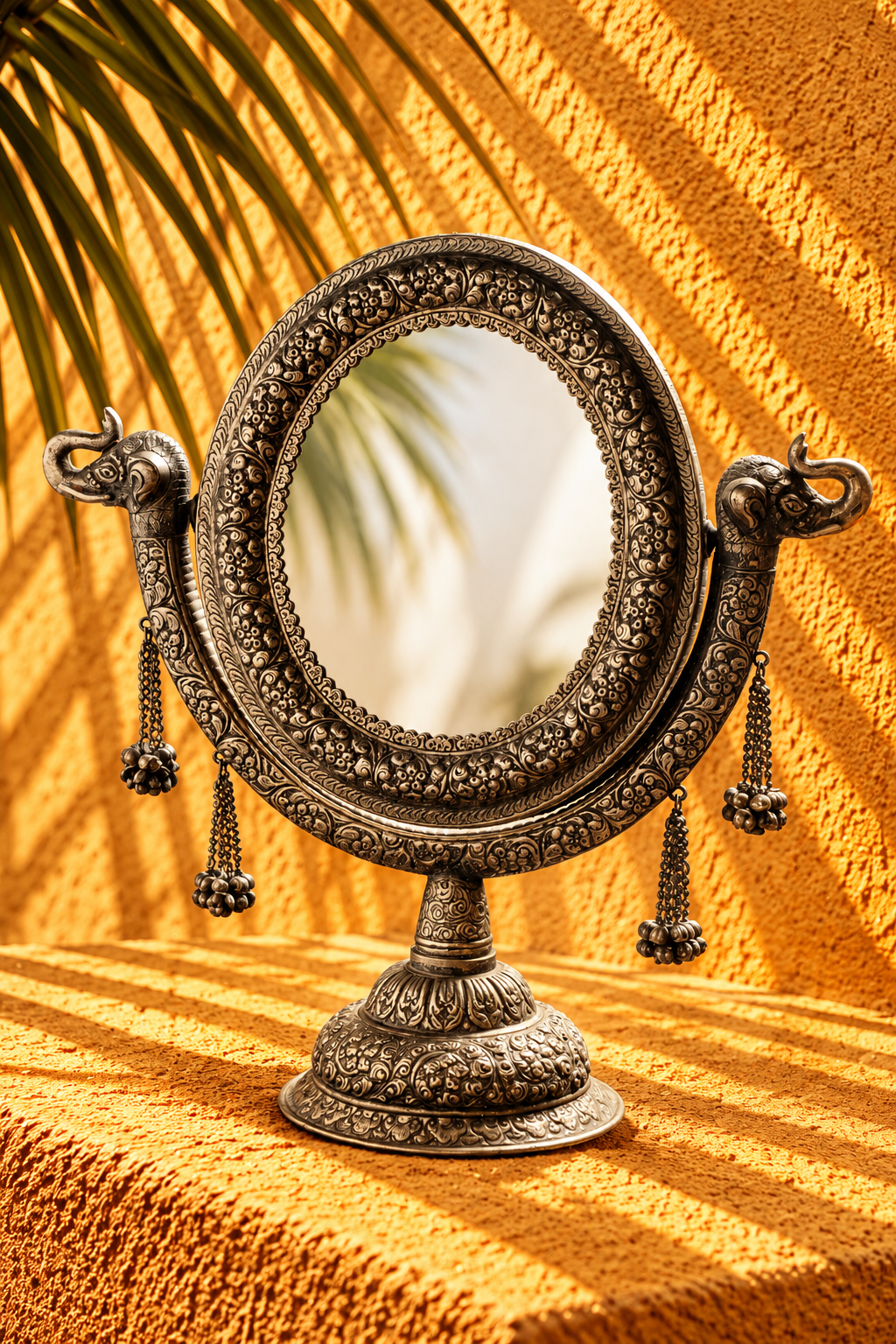Vintage Ornate Metal Tabletop Mirror with Elephant Head Details