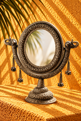 Vintage Ornate Metal Tabletop Mirror with Elephant Head Details