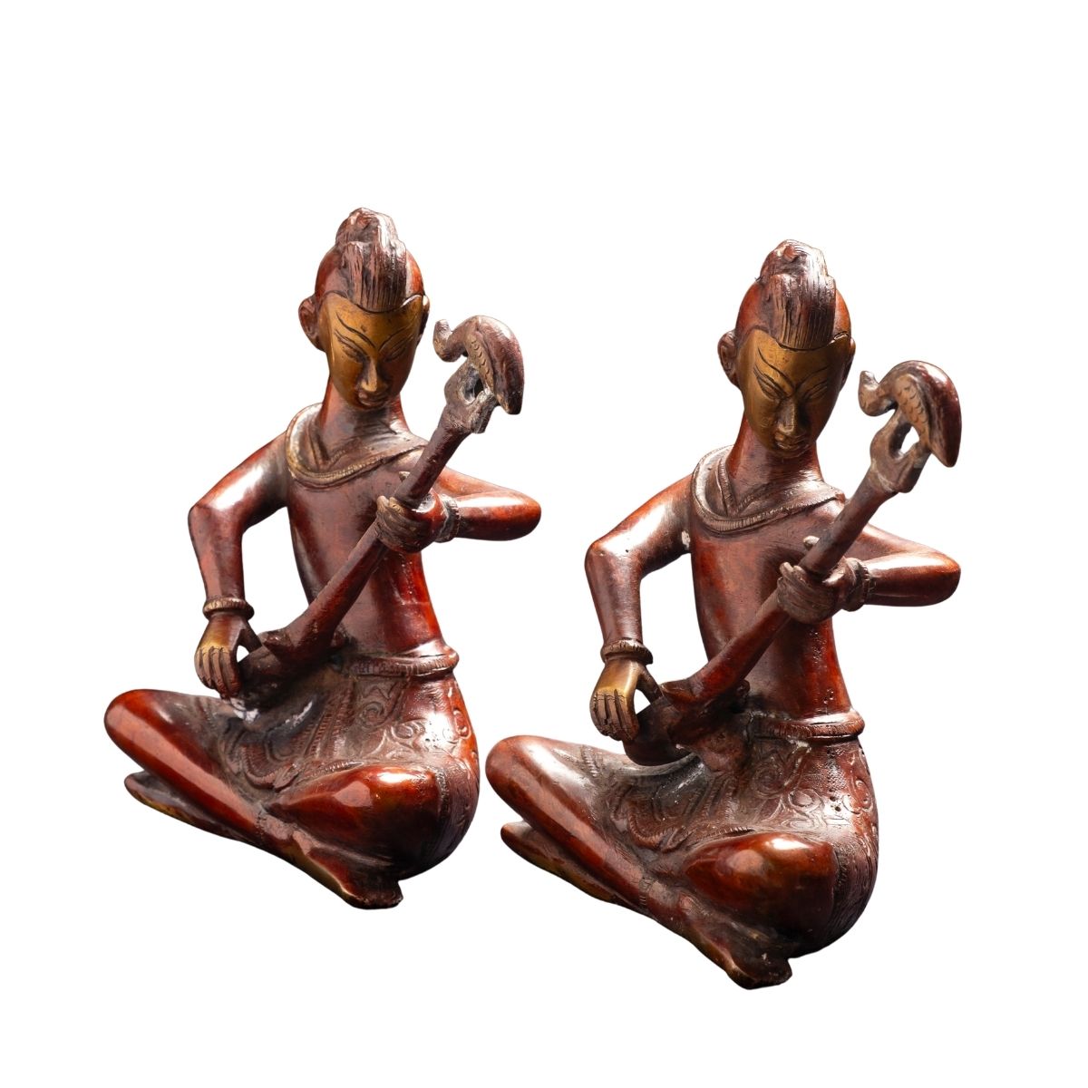 Pair of Traditional Seated Musician Figurines with Decorative Instruments